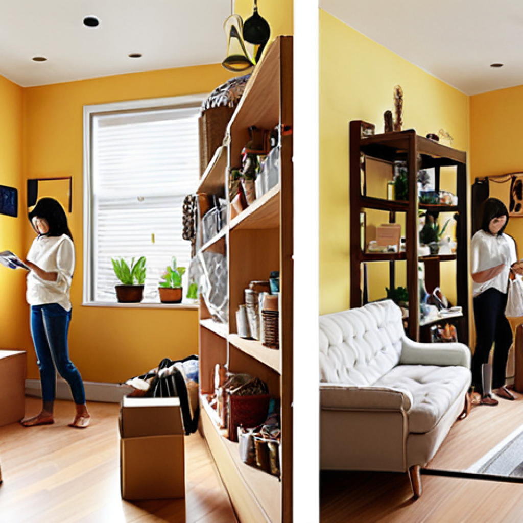 **Prompt:** A dynamic diptych illustrating the contrast between consumerism and post-consumerism. On the left side, depict a cluttered living space filled with numerous trendy but disposable items, shopping bags, and a person looking overwhelmed or stressed while scrolling on a smartphone. The colors are vibrant but chaotic. On the right side, show the same person in a serene, minimalist, and well-organized room, bathed in natural light. They are engaged in a calm activity like reading a book or enjoying a cup of tea, with only a few essential, high-quality items visible. The atmosphere is peaceful and reflective, suggesting freedom and contentment. The overall aesthetic should be modern, with subtle hints of Southeast Asian design elements in the decor or plant choices, representing a relatable local context.
