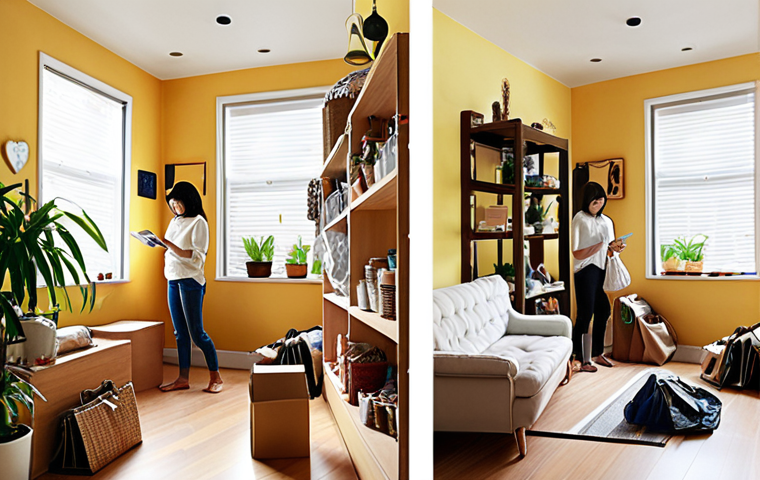 **Prompt:** A dynamic diptych illustrating the contrast between consumerism and post-consumerism. On the left side, depict a cluttered living space filled with numerous trendy but disposable items, shopping bags, and a person looking overwhelmed or stressed while scrolling on a smartphone. The colors are vibrant but chaotic. On the right side, show the same person in a serene, minimalist, and well-organized room, bathed in natural light. They are engaged in a calm activity like reading a book or enjoying a cup of tea, with only a few essential, high-quality items visible. The atmosphere is peaceful and reflective, suggesting freedom and contentment. The overall aesthetic should be modern, with subtle hints of Southeast Asian design elements in the decor or plant choices, representing a relatable local context.