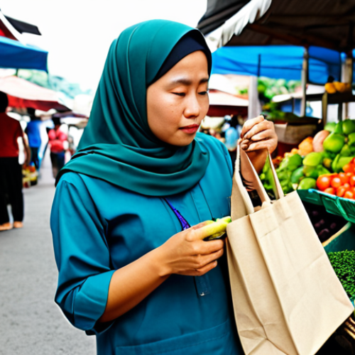 Home 8 A thoughtful Malaysian woman, fully clothed in modest everyday attire, calmly examining locally sourced produce at a vibrant and clean outdoor market in Malaysia. She holds a reusable canvas bag, her expression reflecting deliberate and conscious decision-making, free from impulse. The market stalls are brimming with fresh, colorful fruits and vegetables under natural daylight. Professional photography, high quality, perfect anatomy, correct proportions, natural pose, well-formed hands, proper finger count, natural body proportions, appropriate content, safe for work, family-friendly.