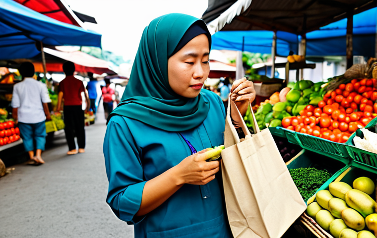 A thoughtful Malaysian woman, fully clothed in modest everyday attire, calmly examining locally sourced produce at a vibrant and clean outdoor market in Malaysia. She holds a reusable canvas bag, her expression reflecting deliberate and conscious decision-making, free from impulse. The market stalls are brimming with fresh, colorful fruits and vegetables under natural daylight. Professional photography, high quality, perfect anatomy, correct proportions, natural pose, well-formed hands, proper finger count, natural body proportions, appropriate content, safe for work, family-friendly.